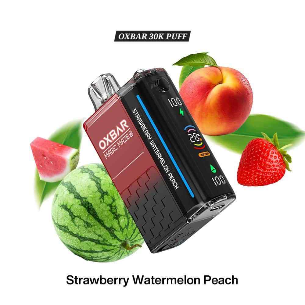 OXBAR Magic Maze 30K puffs disposable vape with Strawberry Watermelon Peach flavor.
