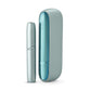 Pale teal IQOS case with glossy blue door and matching slim holder.
