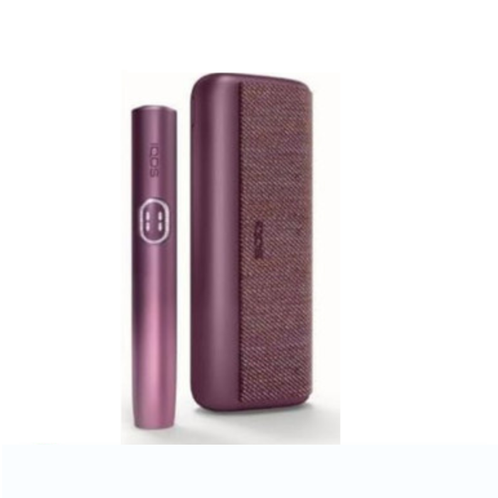 Plum IQOS ILUMA i PRIME holder beside matching woven‑texture case.
