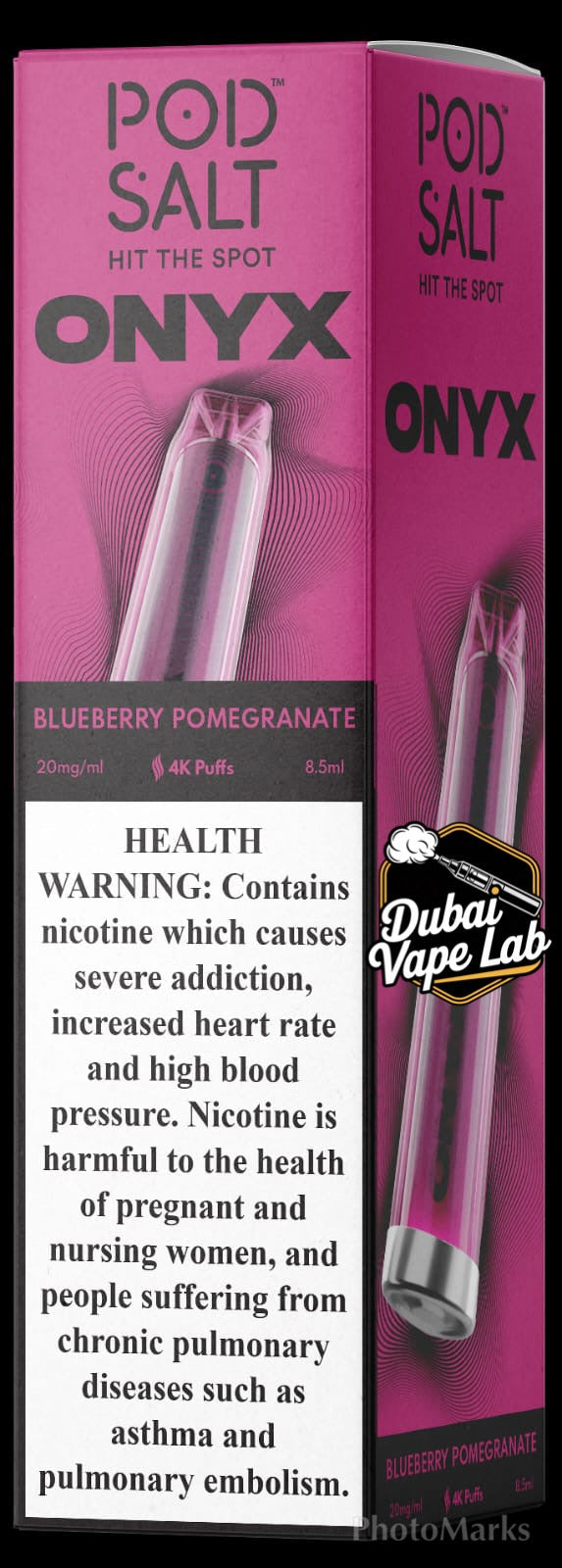 Pod Salt Onyx disposable vape with Blueberry Pomegranate flavor.