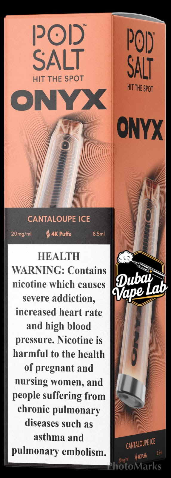 Pod Salt Onyx disposable vape with Cantaloupe Ice flavor.