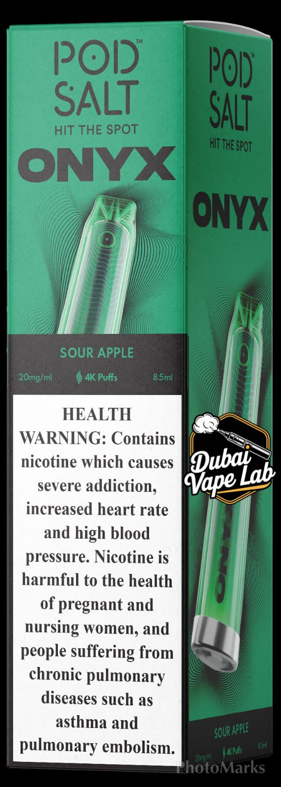 Pod Salt Onyx disposable vape with Sour Apple flavor.
