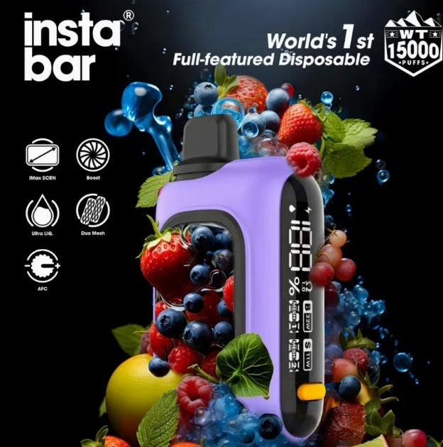 Purple Insta Bar disposable with berry and mint splash, 15000 puffs branding
