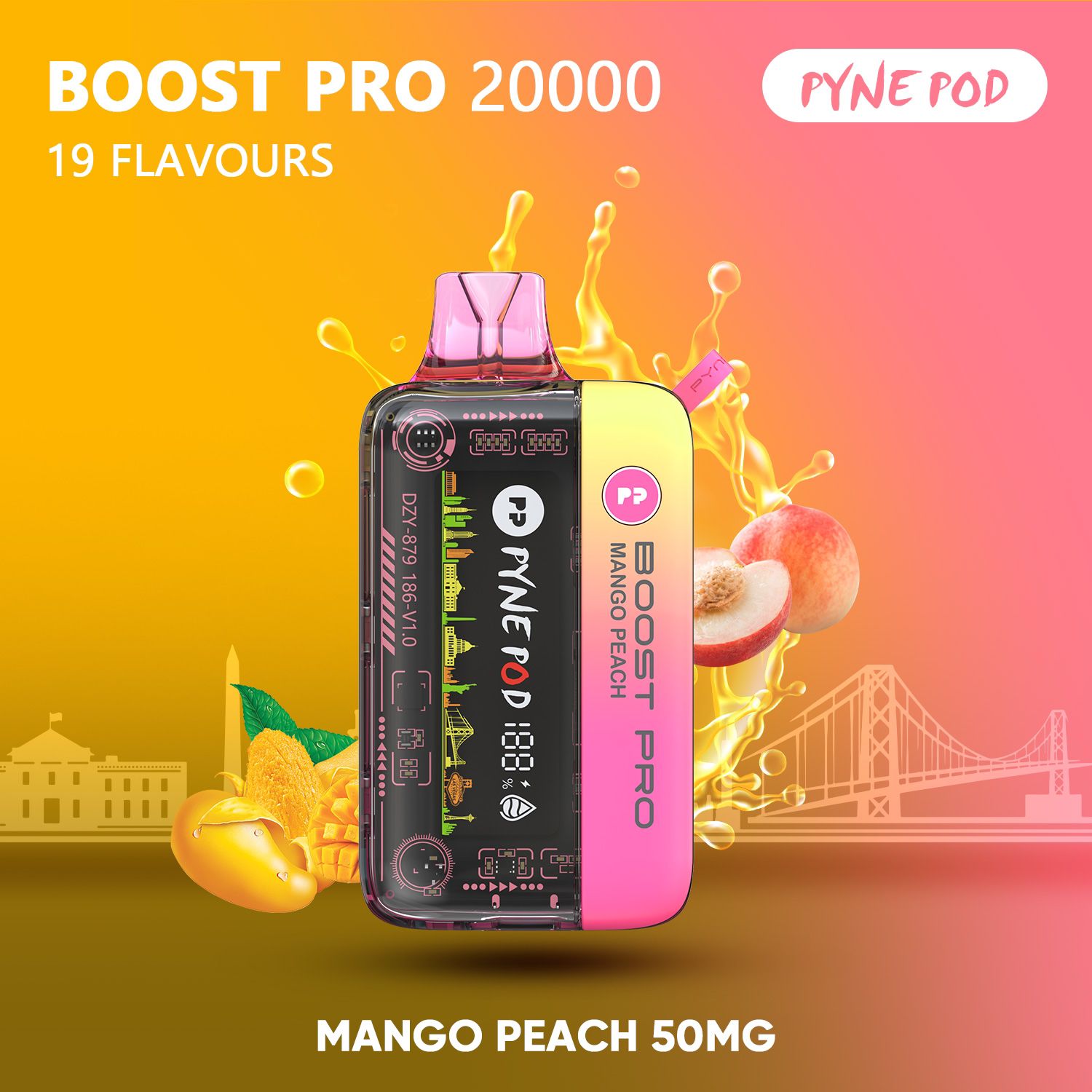 Pyne Pod Boost Pro Mango Peach 20000 puffs disposable vape 50mg
