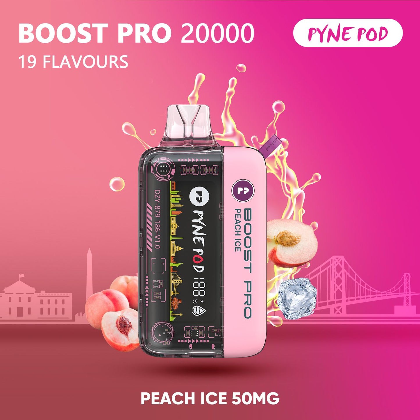 Pyne Pod Boost Pro Peach Ice 20000 puffs disposable vape 50mg