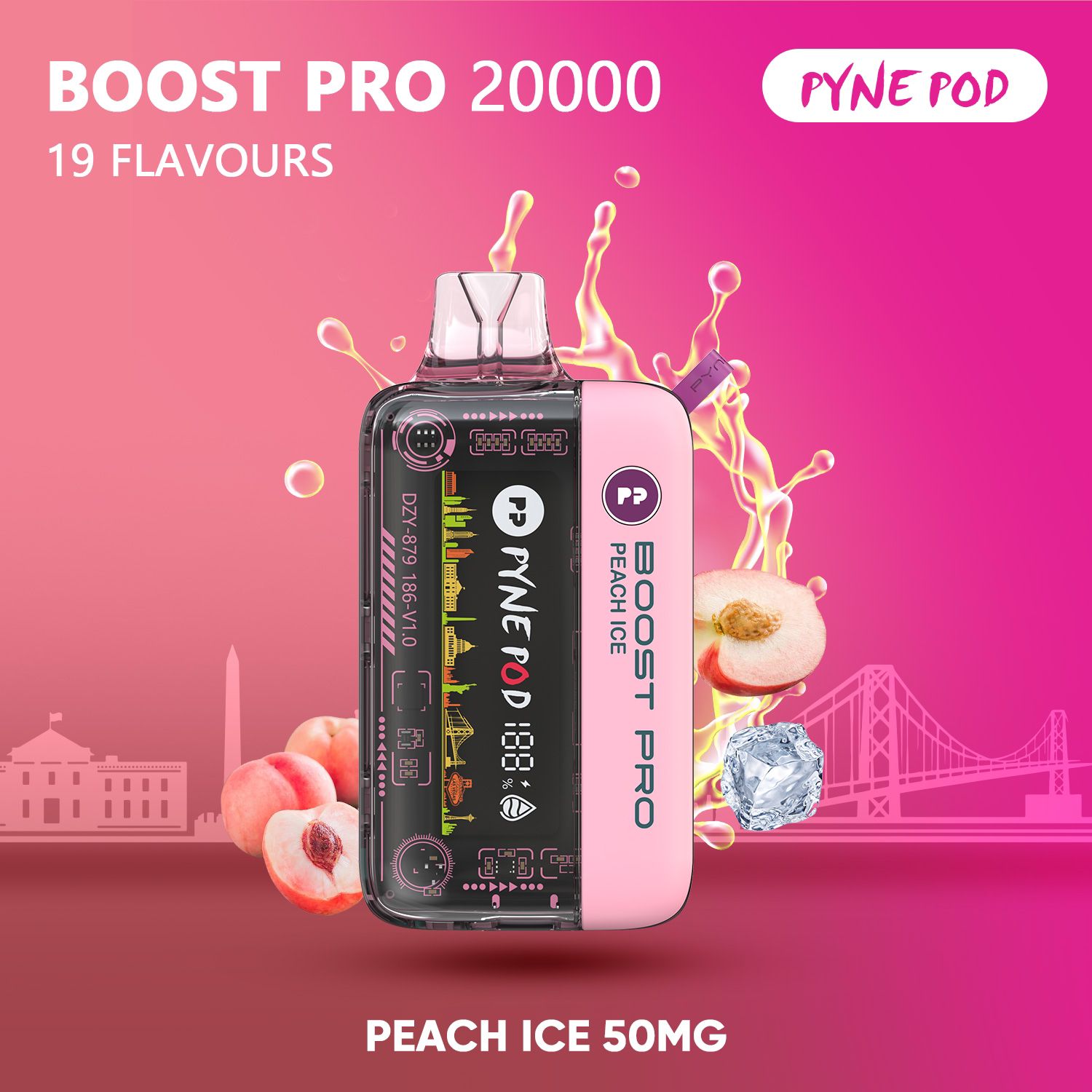 Pyne Pod Boost Pro Peach Ice 20000 puffs disposable vape 50mg