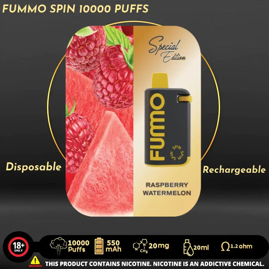 Raspberry Watermelon FUMMO Spin 10000 puffs disposable rechargeable vape