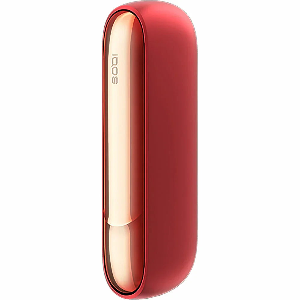Red IQOS charging case with glossy gold inner panel, holder not visible.
