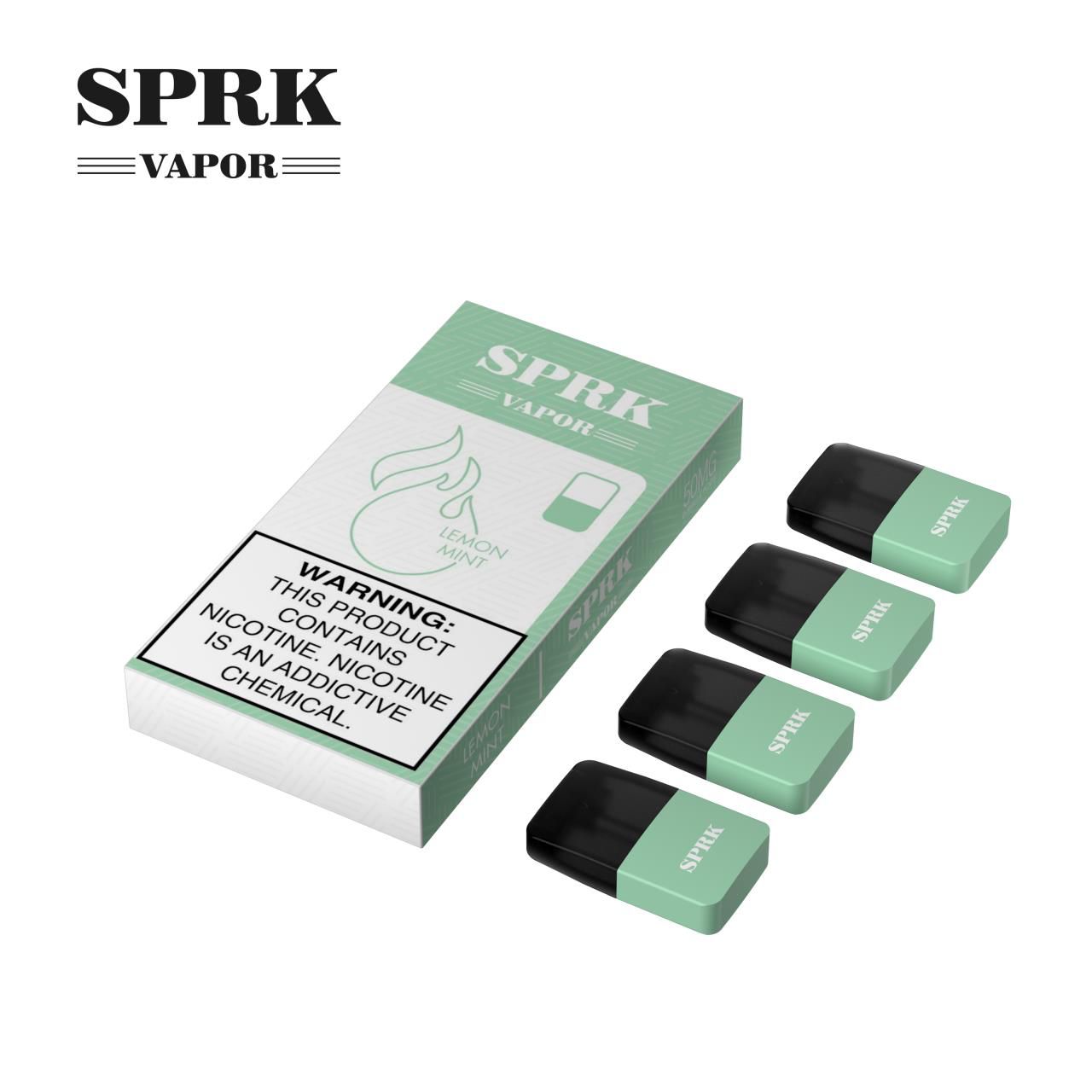 SPRK Vapor Lemon Mint pod pack with four matching pods on white background