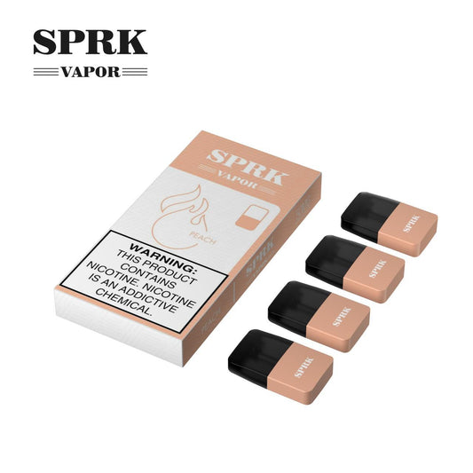 SPRK Vapor Peach pod pack with four matching pods on white background