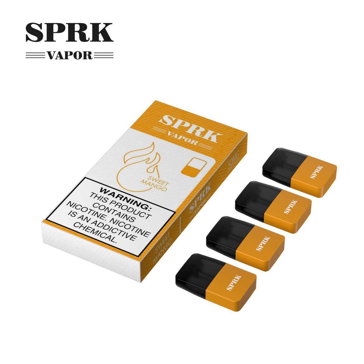 SPRK Vapor Sweet Mango pod pack with four matching pods on white background