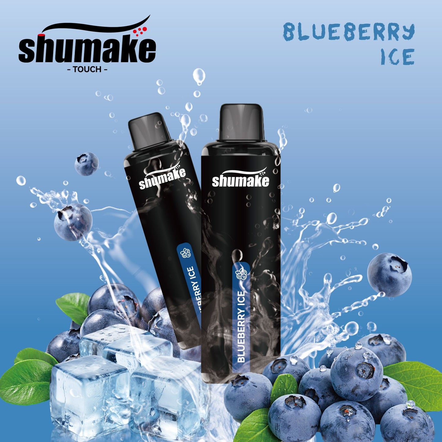 Shumake Blueberry Ice vape with blueberries and ice cubes splash.