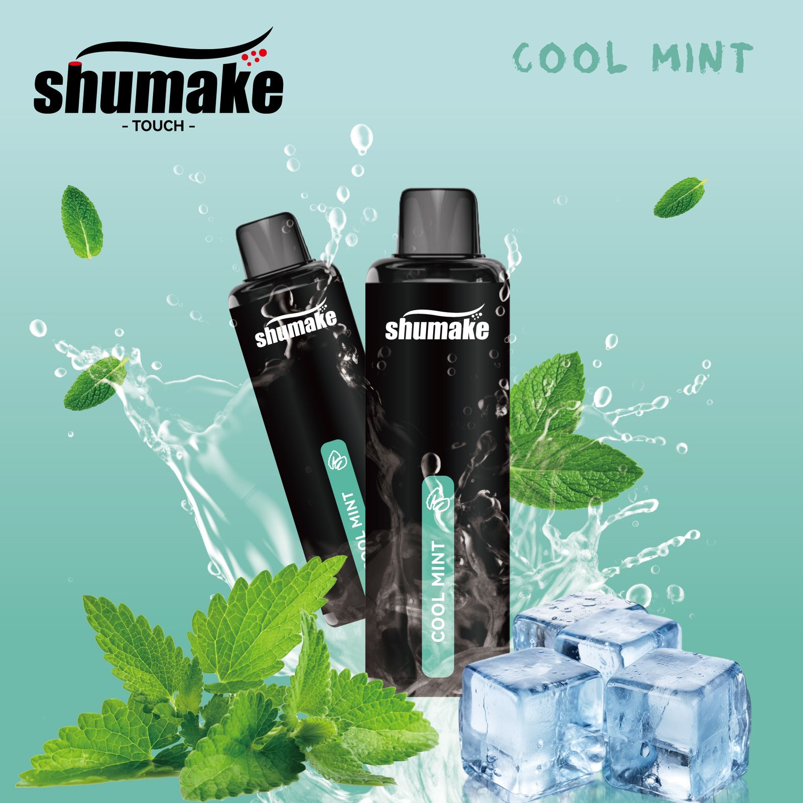 Shumake Cool Mint vape with fresh mint leaves and ice cubes.