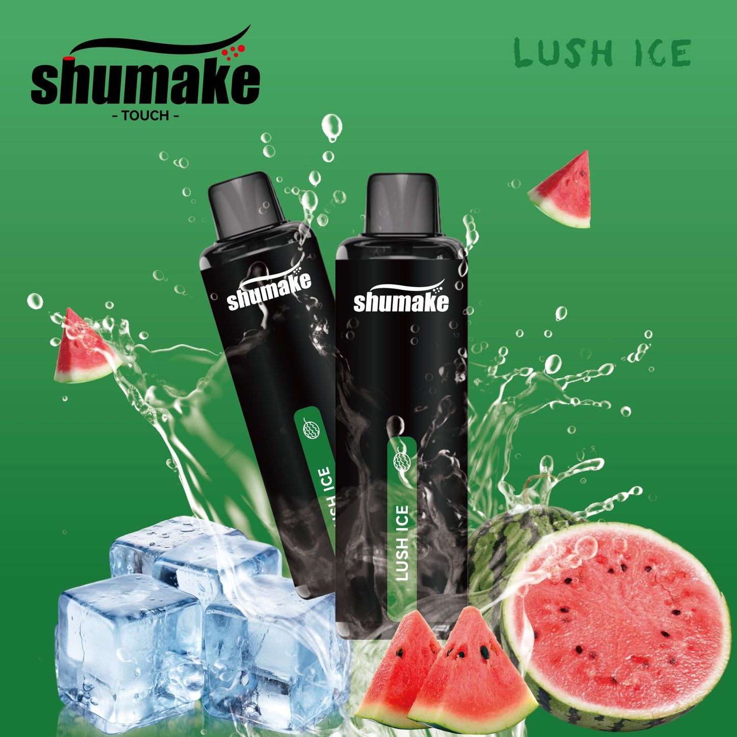 Shumake Lush Ice vape with watermelon slices and ice cubes splash.