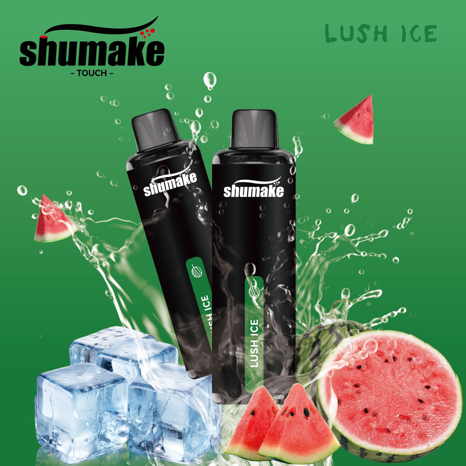 Shumake Lush Ice vape with watermelon slices and ice cubes splash.