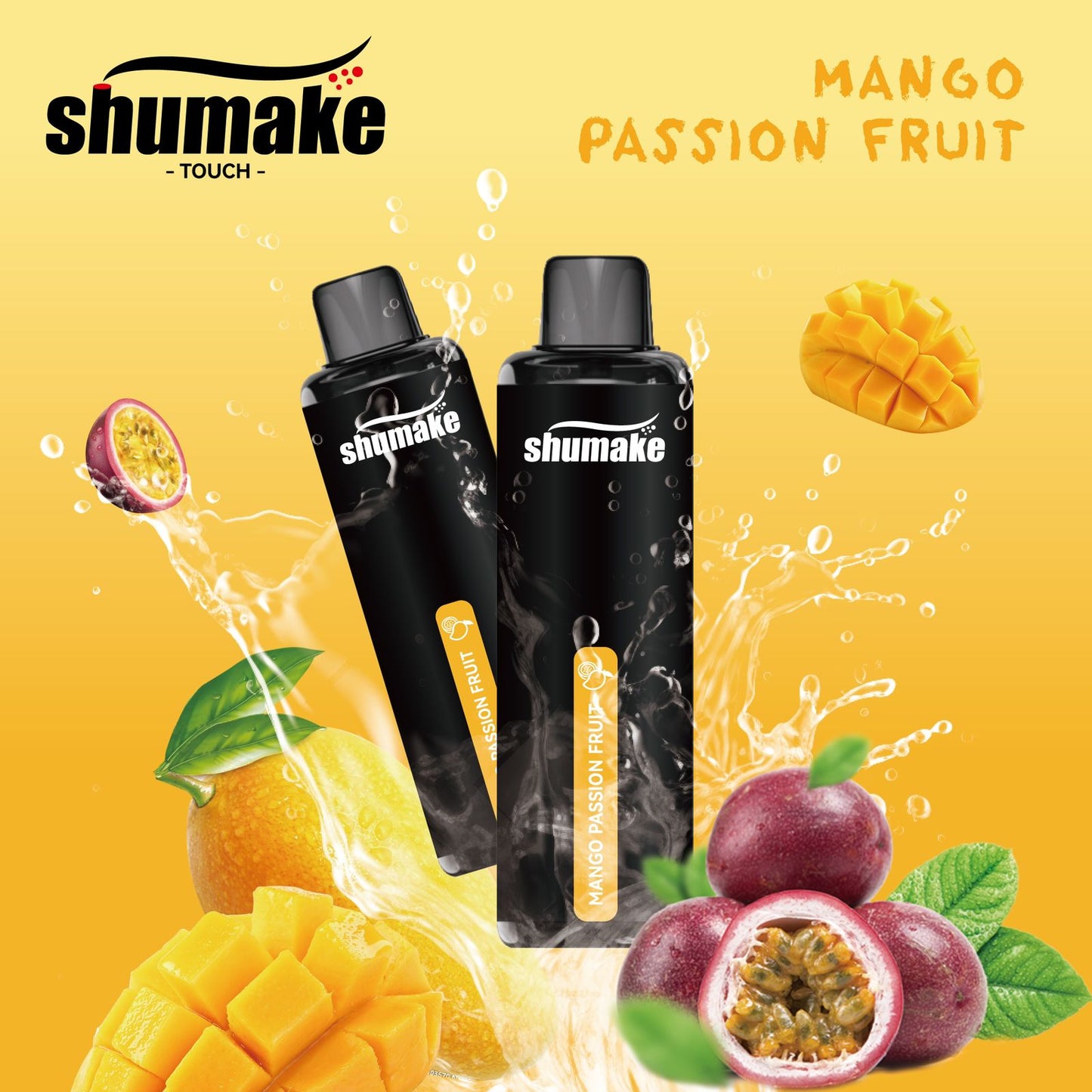 Shumake Mango Passion Fruit vape with mango cubes and passion fruit.
