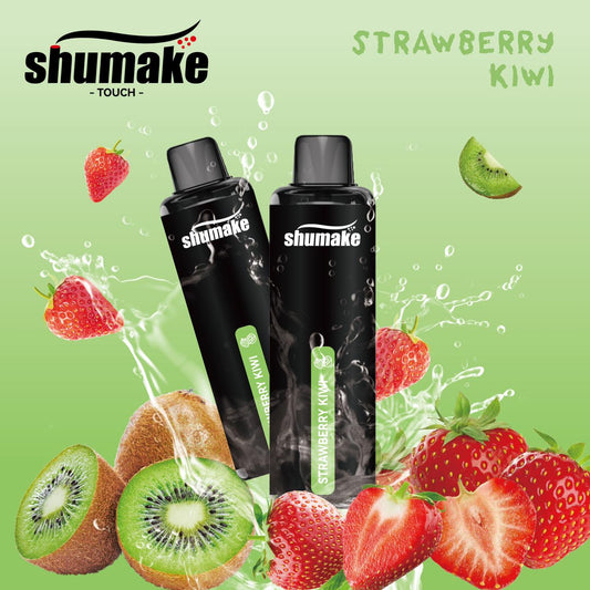Shumake Strawberry Kiwi vape with strawberries, kiwi, and splash effects.