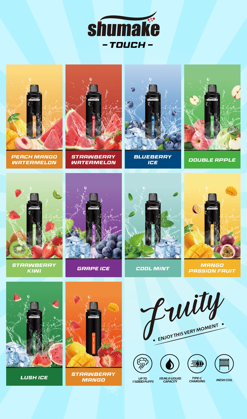 Shumake Touch fruity vape flavors grid with multiple fruit varieties.