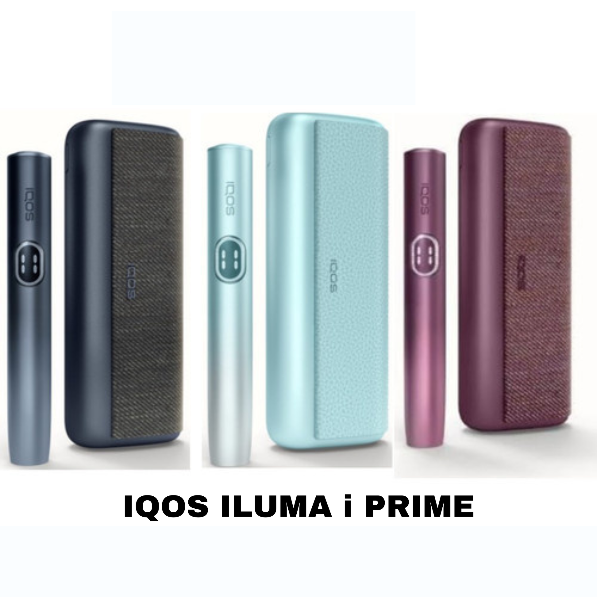 Three IQOS ILUMA PRIME devices in grey, blue and plum colors on white background.