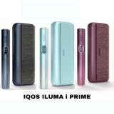 Three IQOS ILUMA PRIME devices in grey, blue and plum colors on white background.