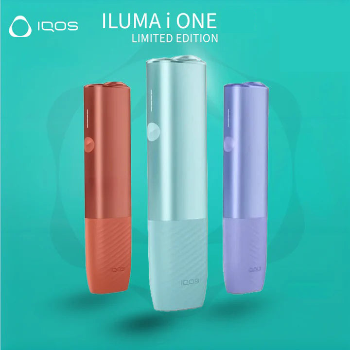 Three IQOS Iluma i ONE Limited Edition devices in terracotta, breeze blue and violet