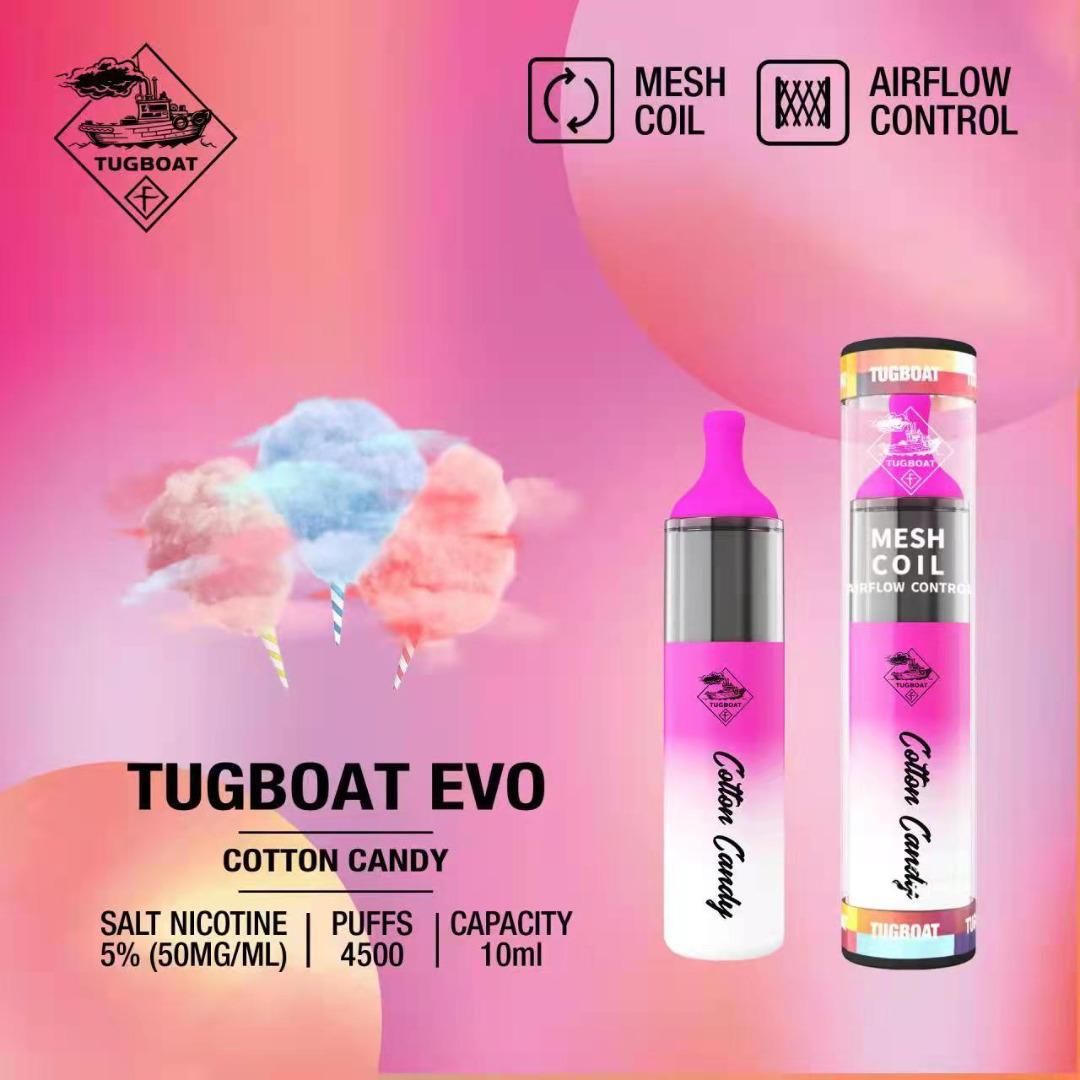 Tugboat EVO disposable vape with Cotton Candy flavor.
