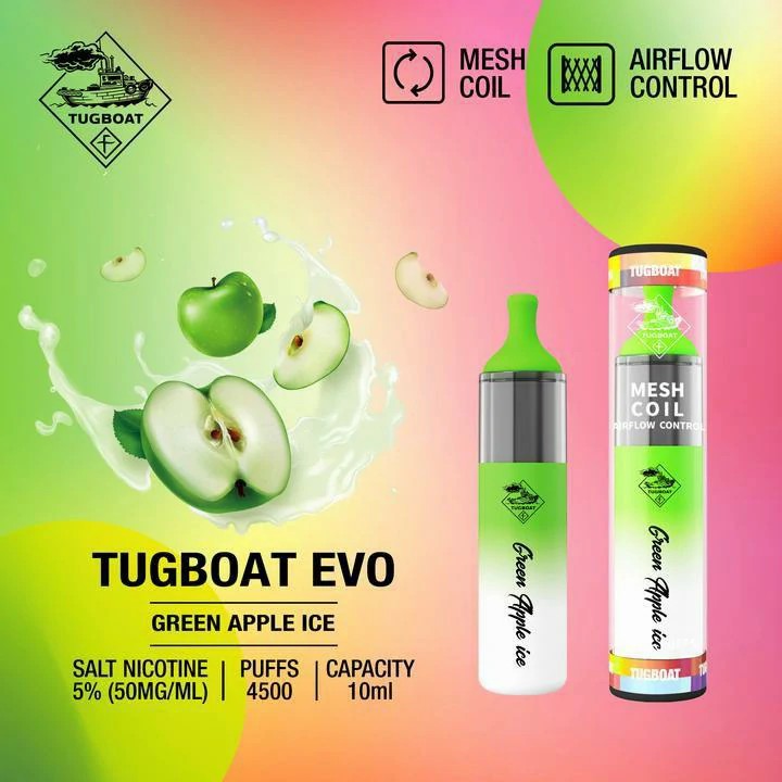 Tugboat EVO disposable vape with Green Apple Ice flavor.
