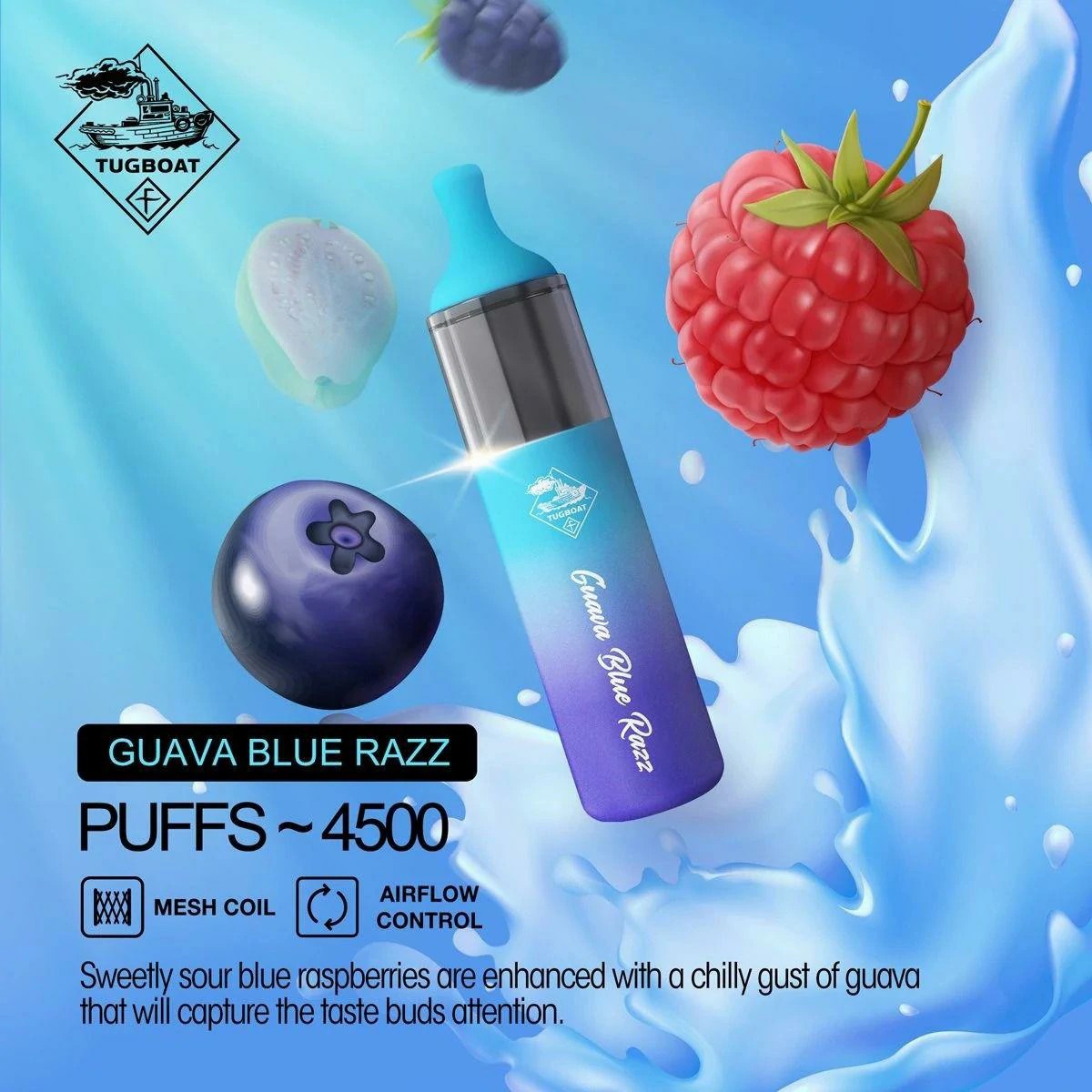 Tugboat EVO disposable vape with Guava Blue Razz flavor.