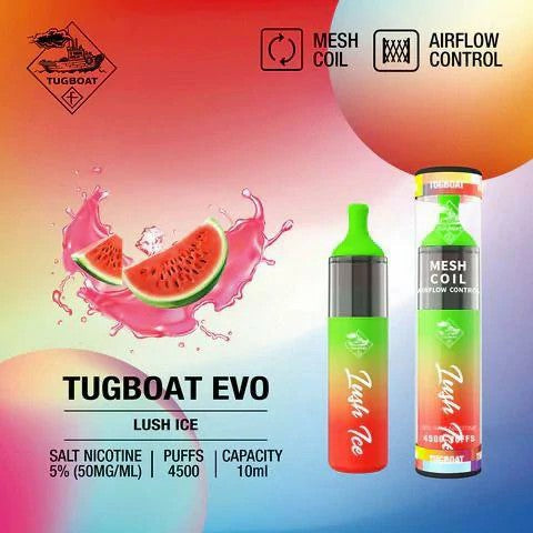 Tugboat EVO disposable vape with Lush Ice flavor.
