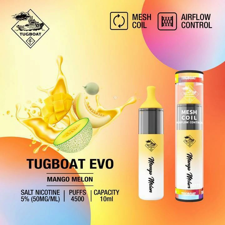 Tugboat EVO disposable vape with Mango Melon flavor.
