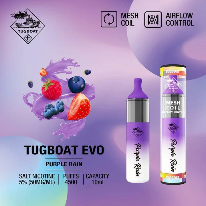 Tugboat EVO disposable vape with Purple Rain flavor.