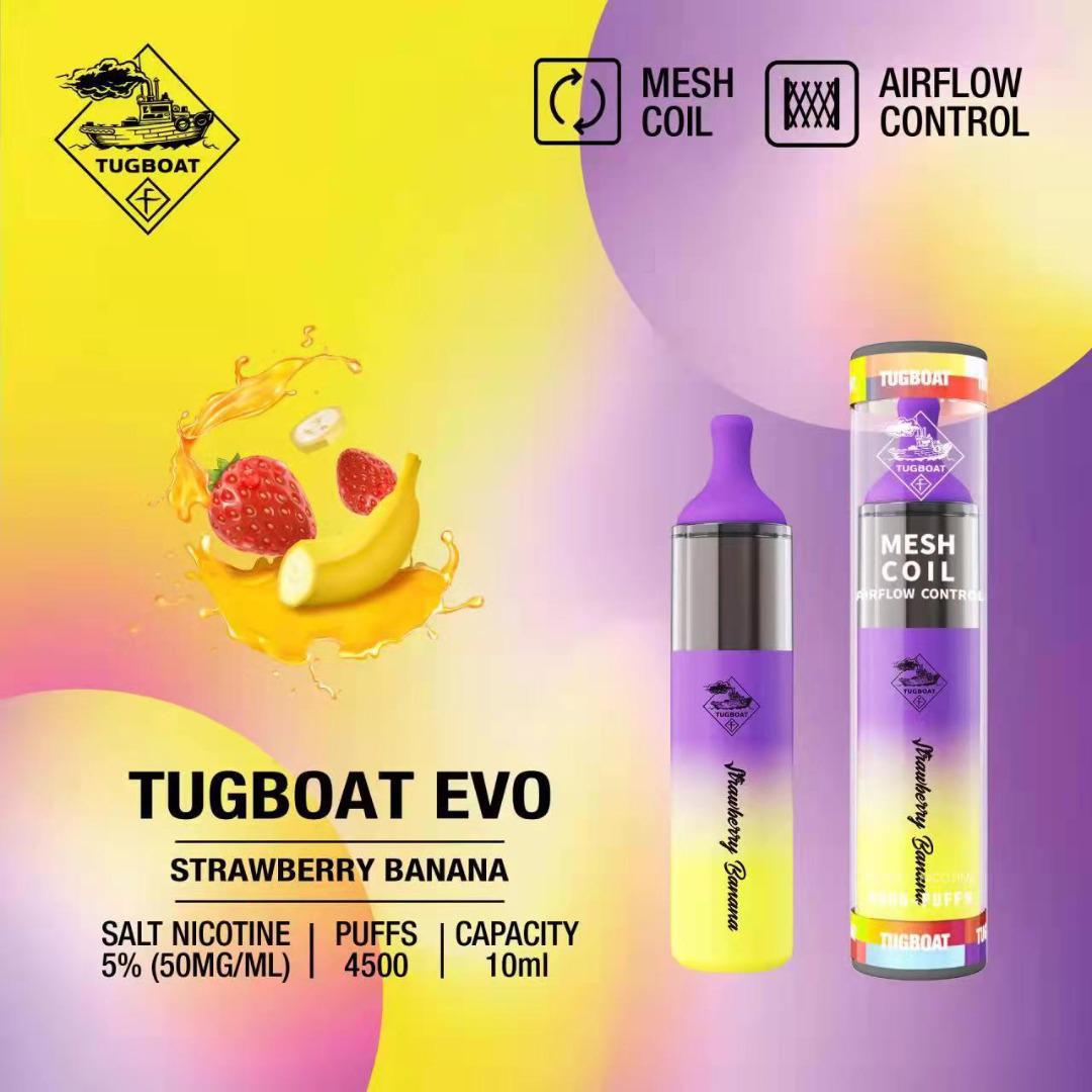 Tugboat EVO disposable vape with Strawberry Banana flavor.
