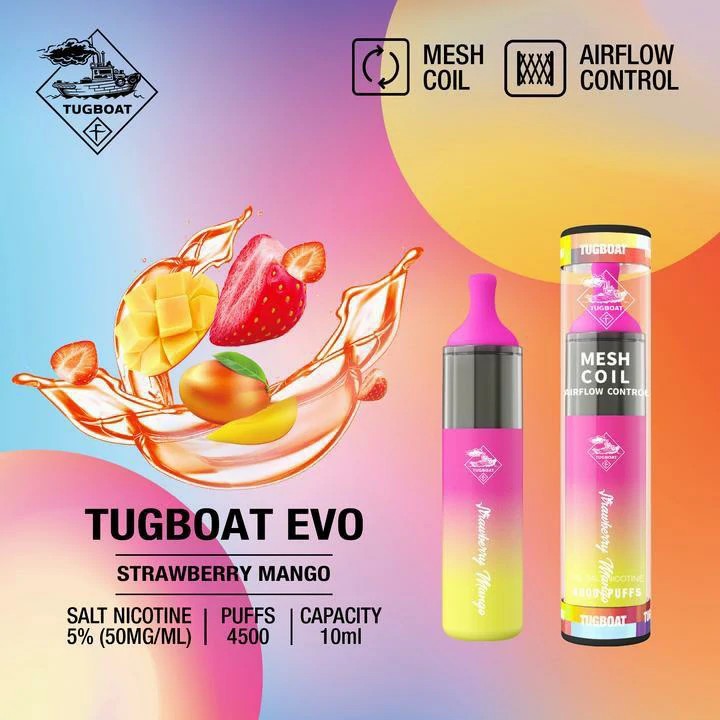 Tugboat EVO disposable vape with Strawberry Mango flavor.
