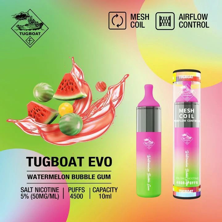 Tugboat EVO disposable vape with Watermelon Bubble Gum flavor.
