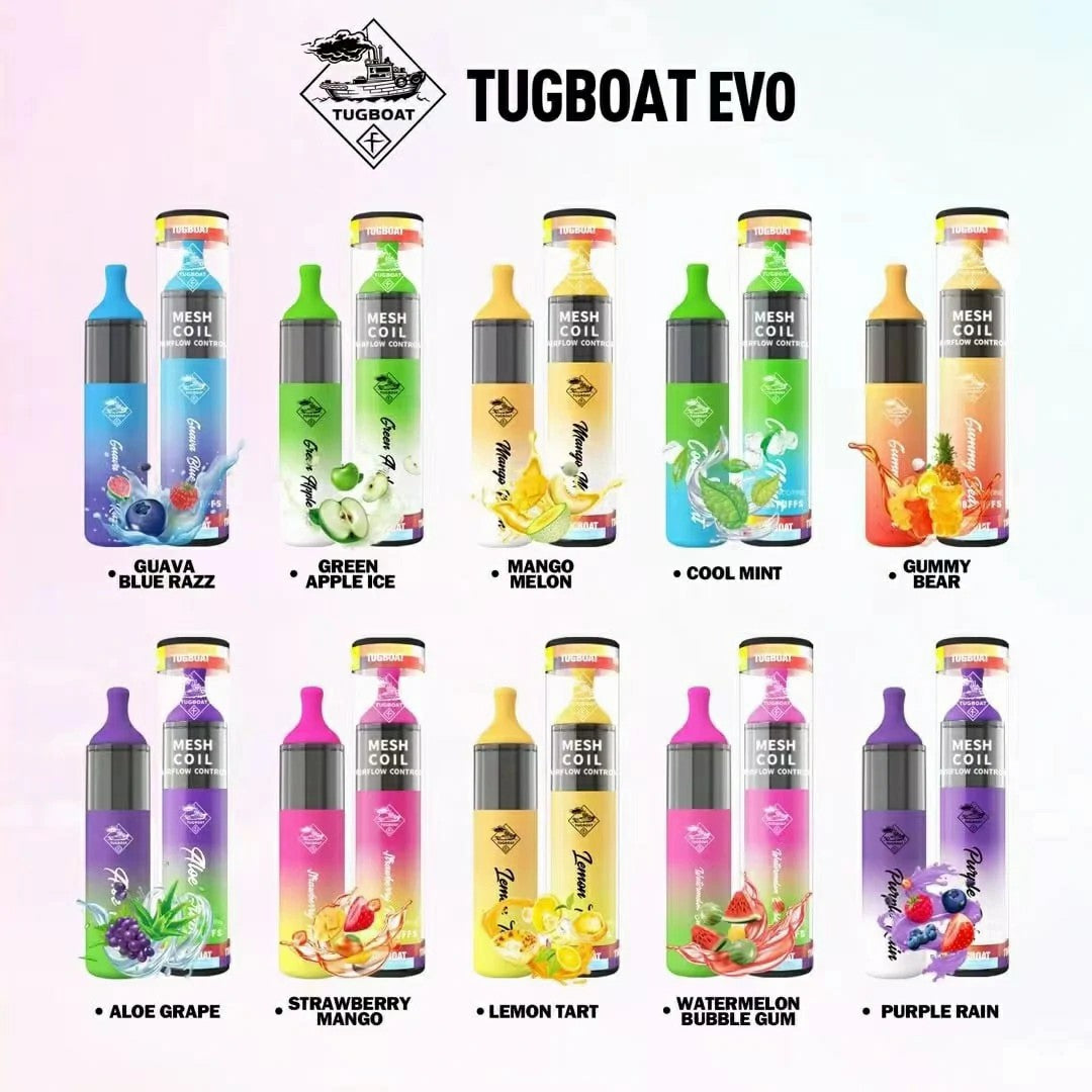 Tugboat EVO disposable vape with assorted flavors.
