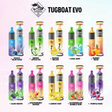 Tugboat EVO disposable vape with assorted flavors.
