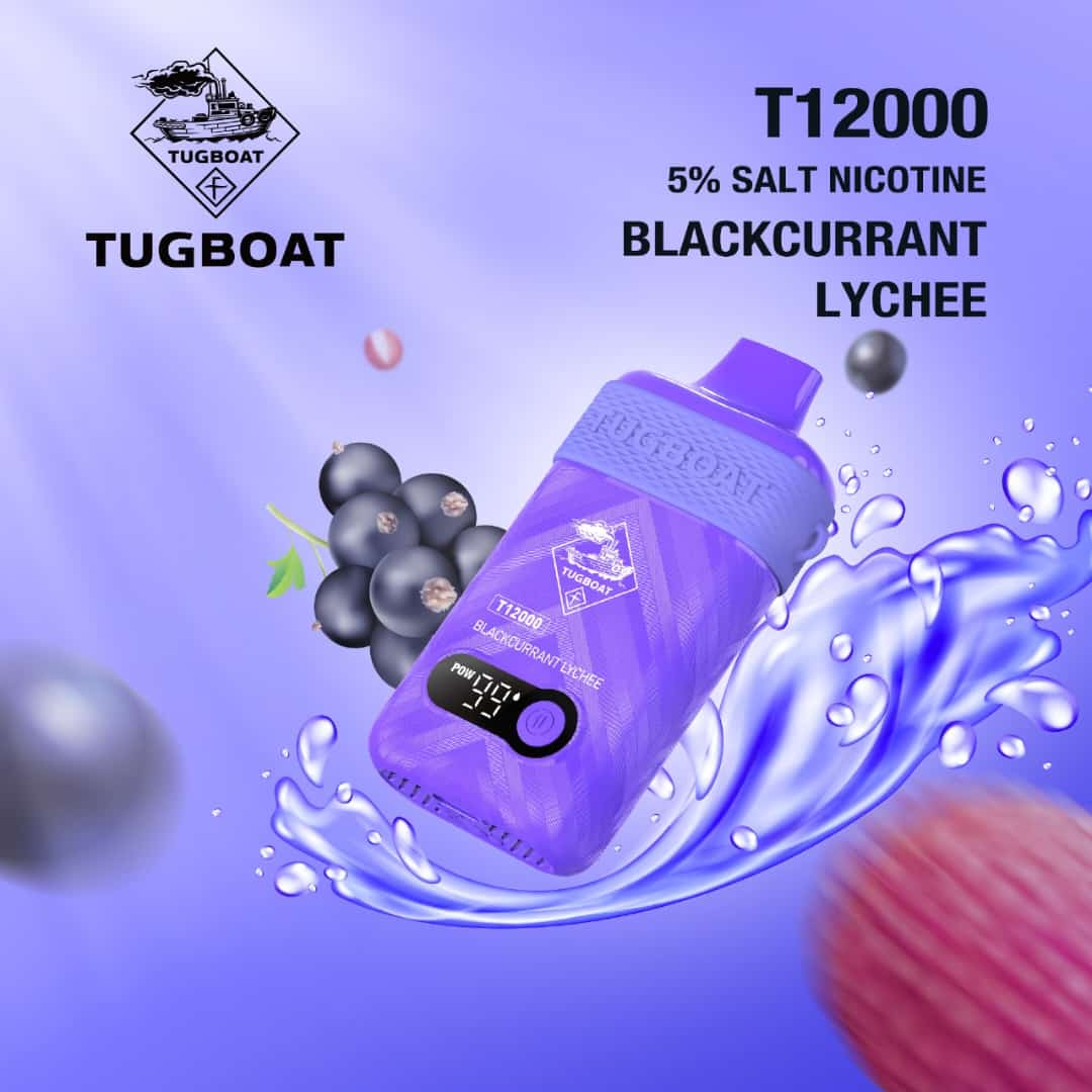 Tugboat T12000 puffs disposable vape with Blackcurrant Lychee flavor.
