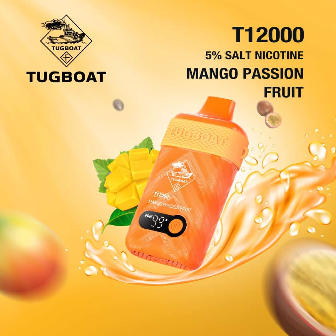 Tugboat T12000 puffs disposable vape with Mango Passion Fruit flavor.
