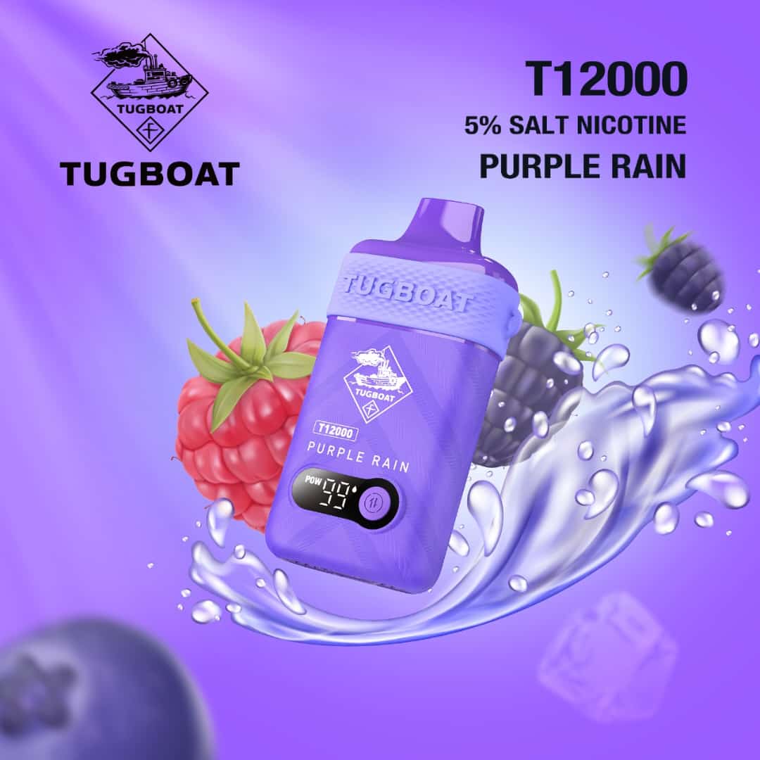 Tugboat T12000 puffs disposable vape with Purple Rain flavor.

