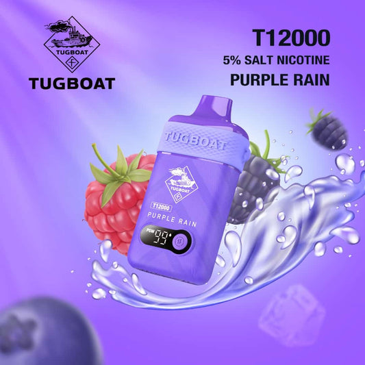 Tugboat T12000 puffs disposable vape with Purple Rain flavor.
