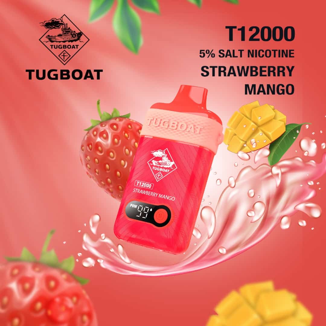 Tugboat T12000 puffs disposable vape with Strawberry Mango flavor.
