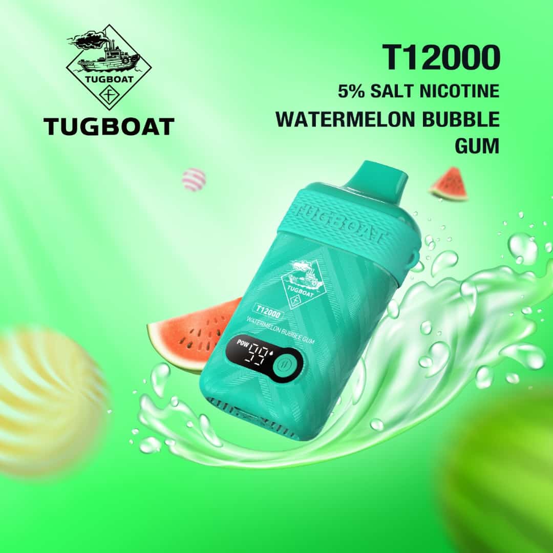 Tugboat T12000 puffs disposable vape with Watermelon Bubble Gum flavor.
