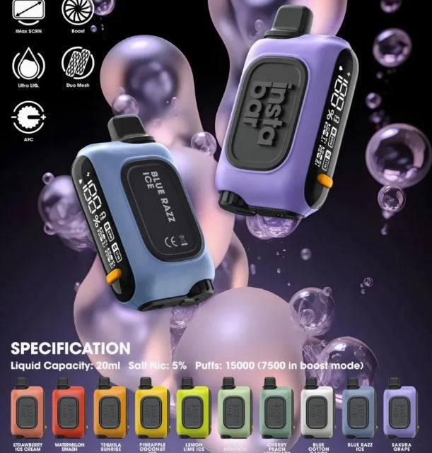Two Insta Bar disposables with specs and lineup of 10 colors/flavors