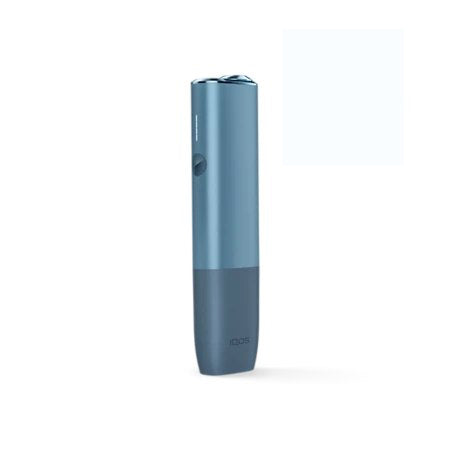Two‑tone blue IQOS Iluma One device standing upright on white background.
