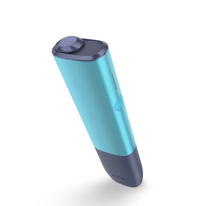 Two‑tone blue IQOS Iluma One device standing upright on white background.
