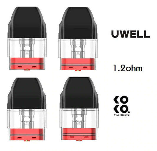 Uwell Caliburn Koko 1.2Ω replacement pods shown in a set of four