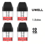 Uwell Caliburn Koko 1.2Ω replacement pods shown in a set of four