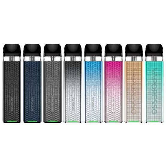 Vaporesso pod vape devices in multiple colors lined up on white background