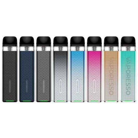 Vaporesso pod vape devices in multiple colors lined up on white background
