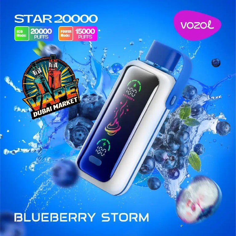 Vozol Star 20000 Puffs Blueberry Storm vape with blueberry flavor and icy splash